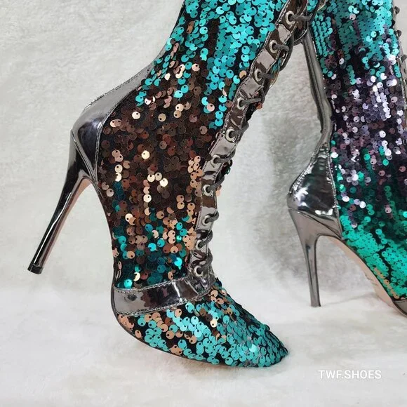 Over the Knee Thigh High Lace Up Stiletto Heel Sequin Boots Pewter - Picture 8 of 11